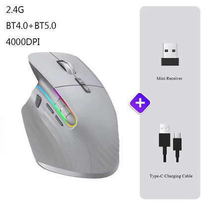 Wireless Mouse Bluetooth+2.4G Tri-Mode Mouse Mute Mice Ergonomic Gaming Mouse USB-C Rechargeable 5 DPI for Laptop PC Notebook