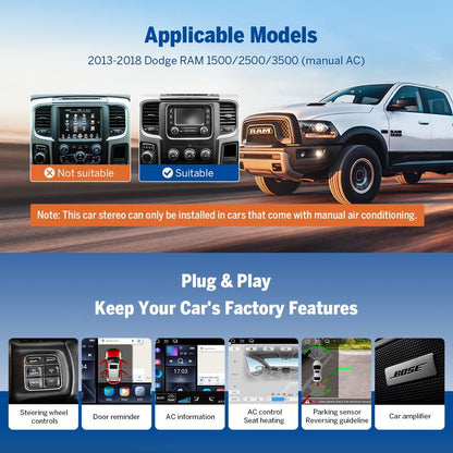EONON Car Stereo for Dodge RAM 1500 2500 3500 (2013-2018) Manual AC, Wireless Apple Carplay & Android Auto Car Radio Touch Screen, 9" Android 13 Car Head Unit, Steering Wheel Controls, GPS Navigation, BT, Wi-Fi, Sub, Backup Camera, Plug & Play - DGRMX6